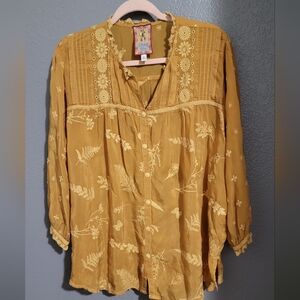 Johnny Was Embroidered Mustard Yellow Blouse XL